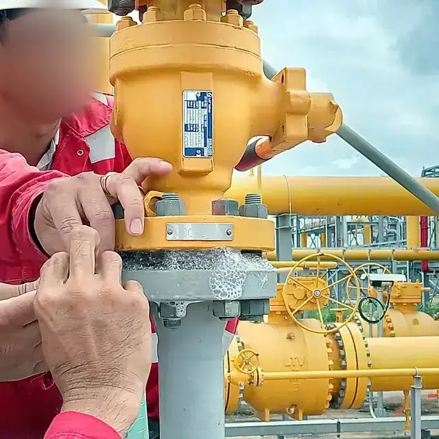 Technician in full PPE inspecting a valve at a gas station